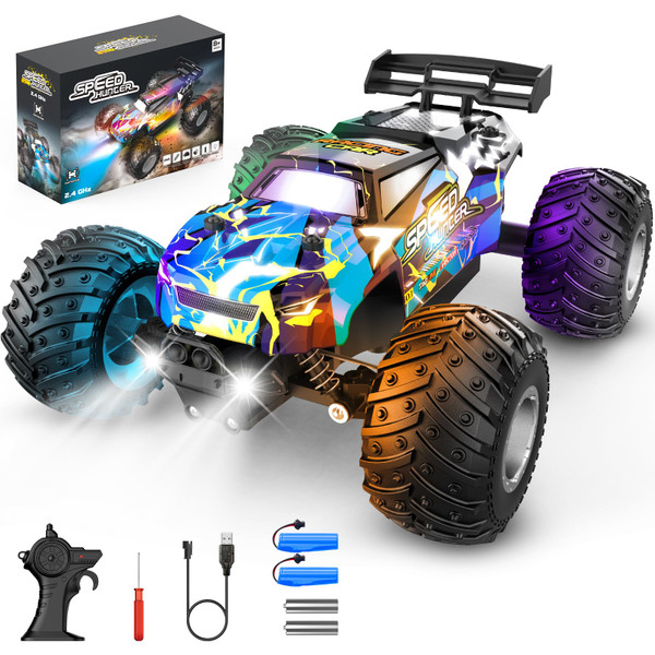 Rcjoyou Remote Control Car, 2WD Off-Road Rc Truck, 20 KM/H All-Terrain RC Cars with Headlights & Body Lights, 2.4GHz, 2 Batteries, Remote Control Car for Boys 4-7 8-12, Gift Toys for Boys Girls
