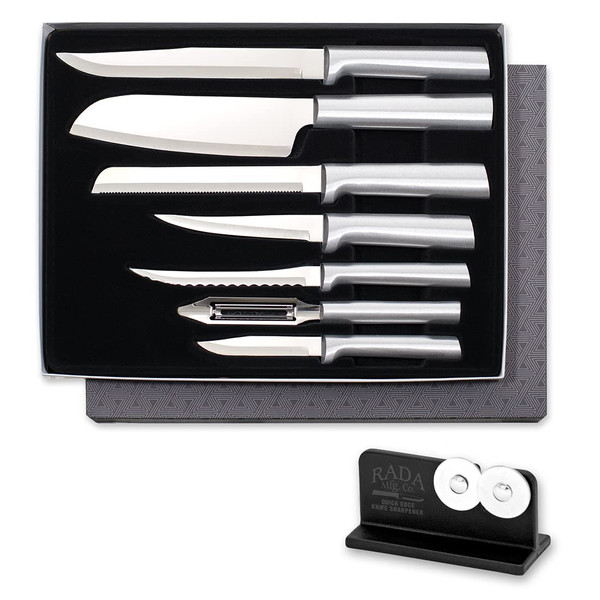 Rada Cutlery 7-piece Starter Knife Gift Set (S38) with Quick Edge Sharpener (R119), Stainless Steel Hollow Ground Blades, Made in USA, Silver Handles