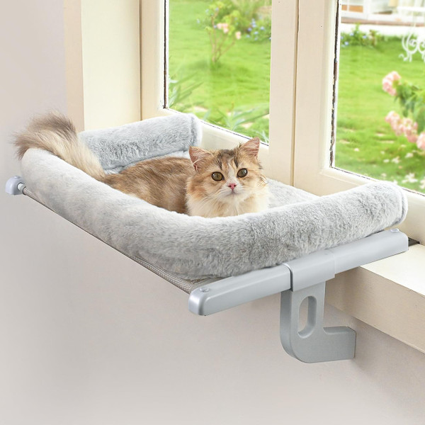 Zoratoo Cat Window Sill Perch with Large Bolster, Easy to Adjust & Assemble Cat Window Seat for Windowsill & Bedside, Pet Hammock Bed for Large Cats and Kittens (Grey, M)