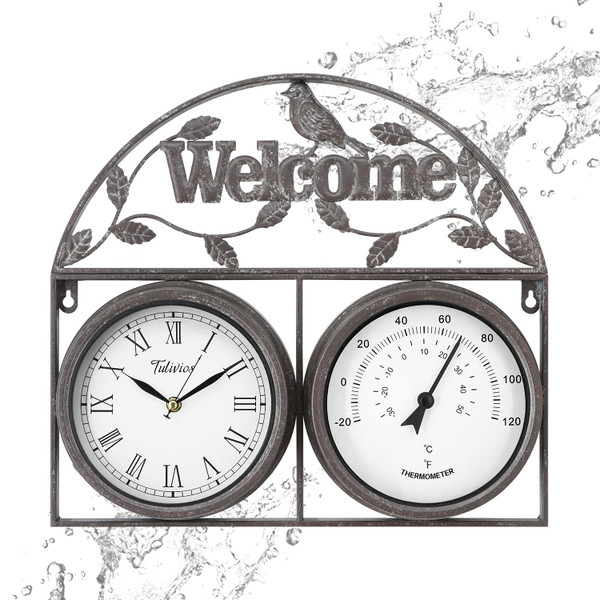 Tulivios 17Inch Large Outdoor Clock,Waterproof Wall Clock with Thermometer,Weatherproof Non-Ticking Quartz Battery Operated Decor Clock for Patio,Garden,Pool,Porch,House Warming Gifts
