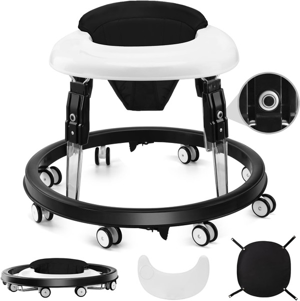 Wnttmt Baby Walker with Wheels, One-Touch Folding Anti-Roll 8-Wheel Baby Walkers, 7-Speed Height Adjustment with Large Dinner Plate and Brake 6-18 Months Baby Walker, Black Wnttmt Baby Walker with Wheels, One-Touch Folding Anti-Roll 8-Wheel Baby Walkers, 7-Speed Height Adjustment with Large Dinner Plate and Brake 6-18 Months Baby Walker, Black