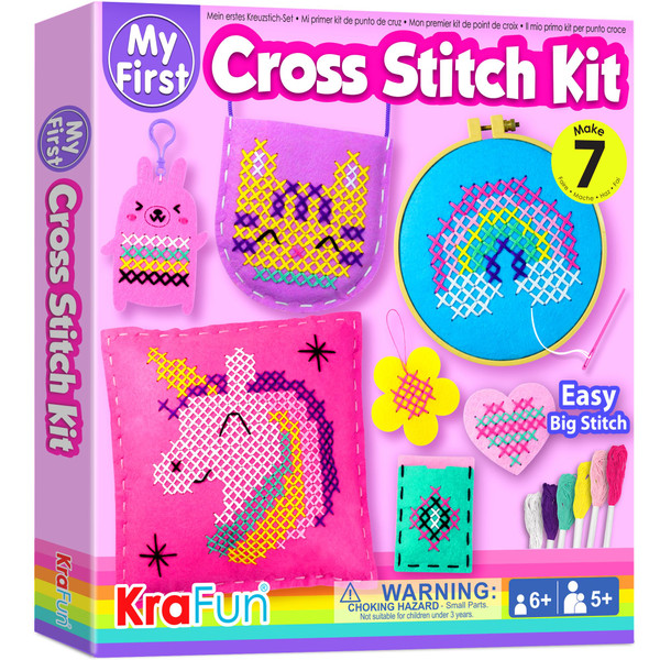 KRAFUN Beginner My First Cross Stitch Kit for Kids Arts & Crafts, 6 Easy Projects of Felt Keyring, Bag, Pillow Craft, Instructions, Gift for Girls and Boys, Learn DIY Crafting, Embroidery