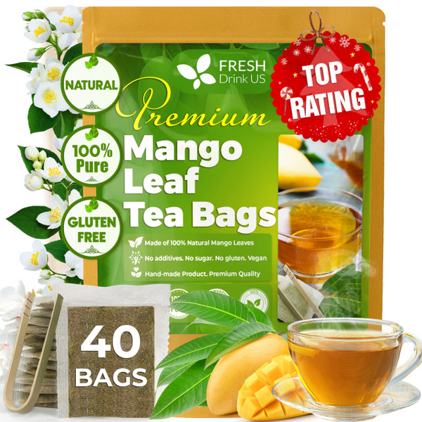 FreshDrinkUS, Premium 40 Mango Leaf Tea Bags, 100% Natural& Pure from Mango Leaves. Herbal Tea. No Sugar, No Caffeine, No Gluten, Vegan.