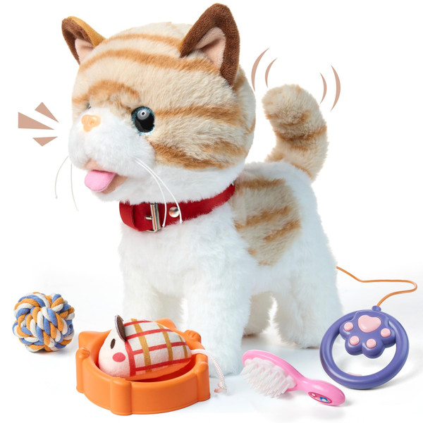 OR OR TU Walking Talking Toy Cat with Remote Control Leash, Plush Pet Electronic Interactive Toys for Kids, Wag Tail, Singing, Pretend Dress Up Realistic Stuffed Cat Age 3 4 5+ Years Old Best Gift