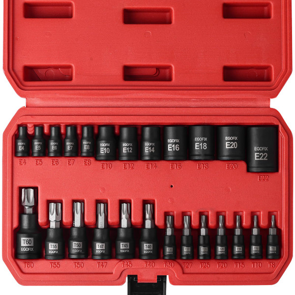 EGOFIX 25 Piece Torx Bit and Socket Set, 13 Star Bits (T8- T60) & 12 E-Torx Sockets (E4-E22), Professional Grade Auto & Motorcycle Mechanic Set