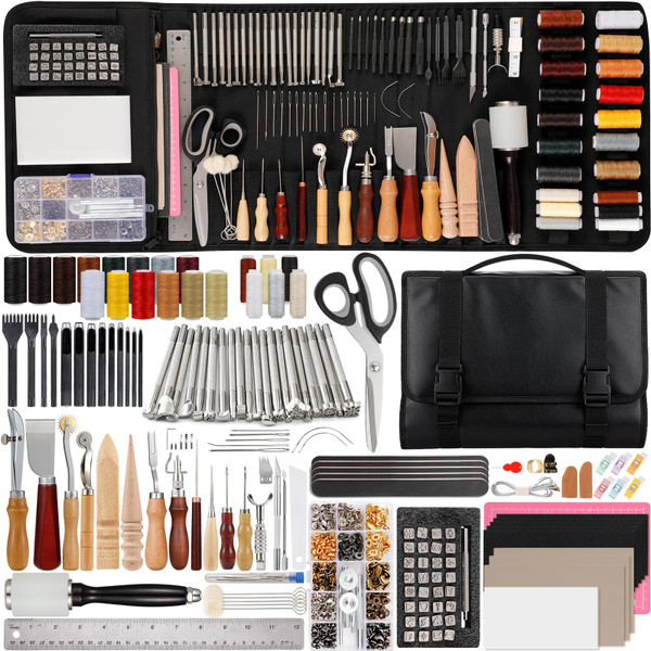 Nicpro 160PCS Upgrade Leather Tooling Kit Leather Working Tools Kit with Storage Handbag, Professional Leather Making Craft Tools Kit for Stamping Sewing Carving Cutting Punching Leather Working