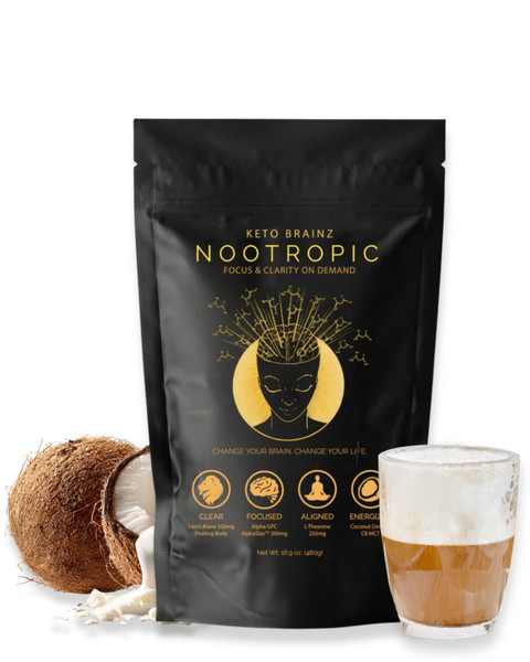 Keto Brainz C8MCT Based Nootropic - with 500mg Lion's Mane Mushroom, AlphaGPC & L-Theanine This is The Ultimate Easy to use nootropic Stack & Makes Delicious Mushroom Coffee! 16oz. 30 Servings