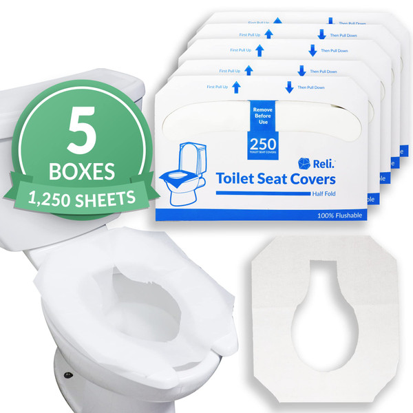 Reli. Toilet Seat Covers (1250 Pcs, 5 Packs of 250) | Disposable Toilet Seat Cover - Flushable - 14x16" (Half-Fold) | Paper Liners for Restroom, Bathroom, Travel, Camping, Kids Potty Training