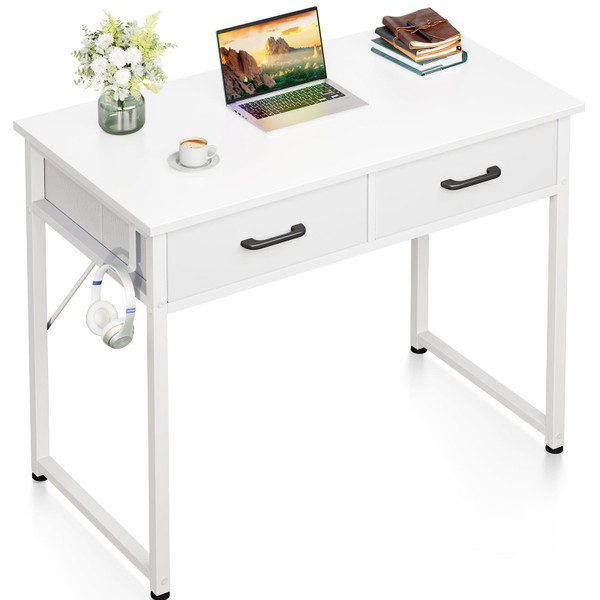 Casaottima 32 Inch Small Office Computer Desk with 2 Drawers & Headphone Hook - Compact Writing Desk for Home Office, Study or Work, Modern Space-Saving Design for Small Spaces, White
