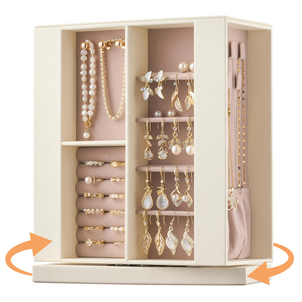 Jewelry Box Organizer for Women: 360 Rotating Vertical Storage Case, Ivory Leather with Pink Velvet, Ring Necklace Bracelet Holder, Gift Decor, 10 x 8.7 x 3.9 in
