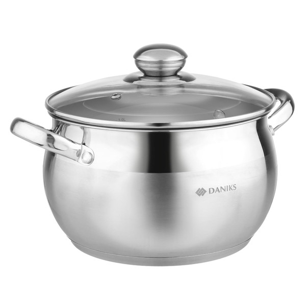 Daniks Classic 4 Quart Stainless Steel Stock Pot with Glass Lid, Tri-Ply Bottom for Even Heating, Induction Compatible, Dishwasher Safe