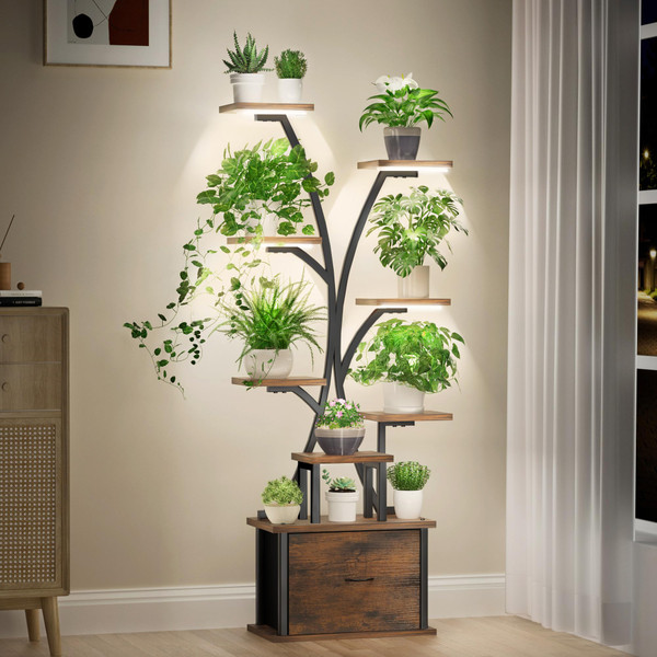Plant Stand with Grow Light - 9 Tiered Plant Stand Indoor with Storage Drawer for Indoor Plants, 65" Tall Plant Shelf with Grow Light, Curved Corner Plant Shelf Indoor for Living Room, Patio Decor
