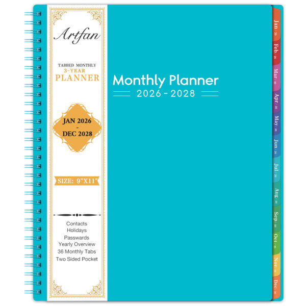 2026-2028 Monthly Planner/Calendar - 3 Year Monthly Planner 2026-2028, Jan.2026 - Dec.2028, 9" x 11", 36-Month Calendar + Colorful Tabs + Pocket - Teal