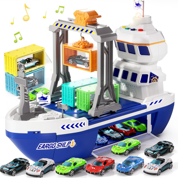 Toy Boat & Gantry Crane for Kids, Cruise Ship with 18 Mini Race Cars and 6 Containers, Cargo Ship Toy with Sounds and Lights, Boats Age 3 4 5 6 7 8 for Boys Girls Birthday Present