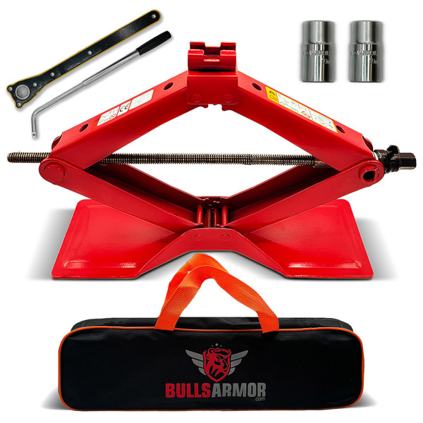 BullsArmor Scissor Jack Kit - 2 Ton (4,400 lbs) - Extra Wide Base - Universal Car Tool Kit with Ratchet & Lug Wrench - All-in-One Portable Emergency Case for Vehicle Lift & Tire Changes