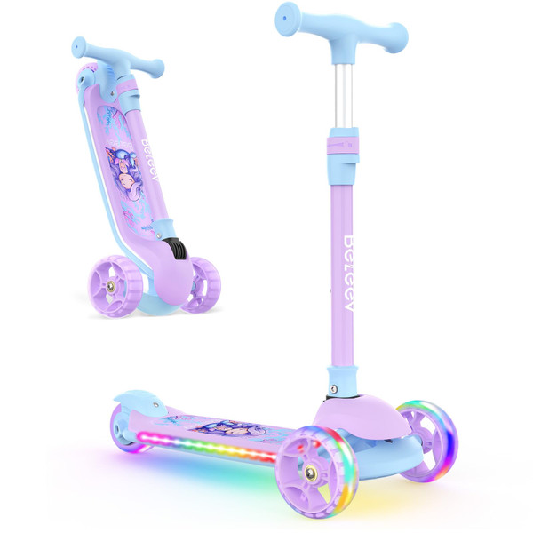 BELEEV Kids Scooter with LED Light-Up Wheels & Deck, 3 Wheel Folding Scooter for Toddlers Girls Boys Age 3-12, Adjustable Handlebar, Lean to Steer, Extra Wide Wheel, Kick Scooter for Children (Purple)