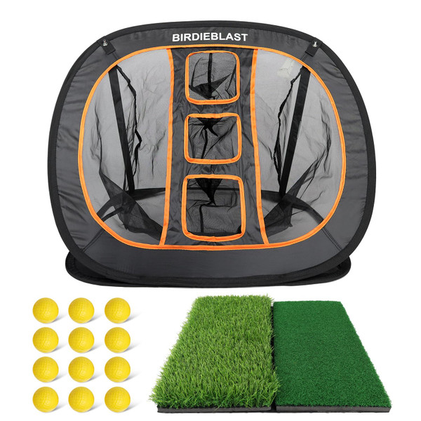 BIRDIEBLAST Professinoal Golf Chipping Net with Golf Hitting Mat,12 Practice Foam Balls and 2 Pixing Pins, for Indoor and Outdoor Target Chipping Training