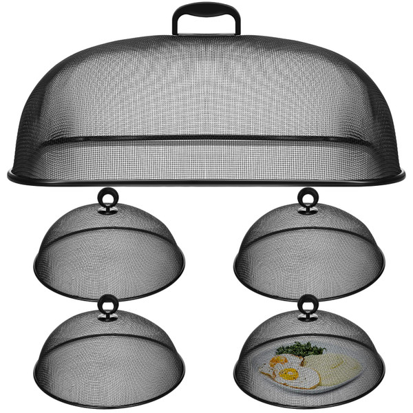 5 Pcs Metal Mesh Food Cover for Outdoors Include 18.5 In Extra Large Mesh Food Tents Fly Fruit Screen Food Net 4 Pcs 11 In Large Dome Plate Covers for Dinner Plates Reusable Picnic Food (Black)