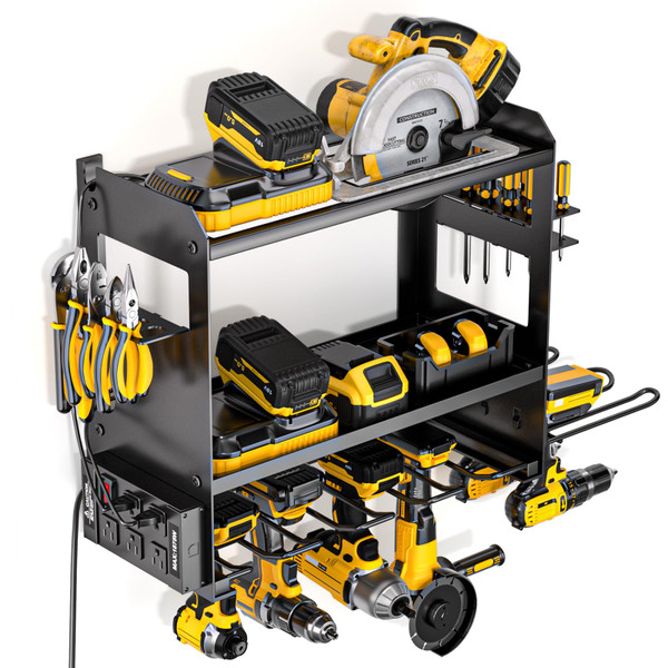YYR Power Tool Organizer Wall Mount with Charging Station, Cordless Tools Hanger and Battery Storage Rack for Garage Organization, Heavy Duty Drill Holder Shelf Build in Metal Power Strip - Black