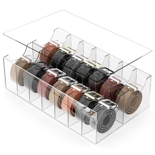 ACRYDECOR Large Acrylic Belt Organizer, Clear 14 Compartments Storage with Dust Cover, Display Holder for Home