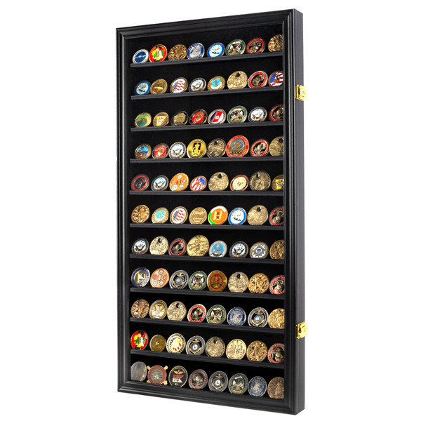 DisplayGifts Military Challenge Coin Display Case Poker Chips Holder Wall Cabinet Showcase Rack Black Finish 29" H X 16" W Compatible with Army Navy Air Force Marine Corps Challenge Coins