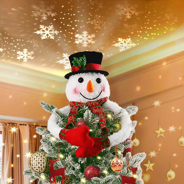 Christmas Snowman Tree Topper Projector, Lighted 3D Snowman Hat with Rotating LED Snowflake Projection, Unique Holiday Tree Decoration for Christmas Party, Home Festive Décor