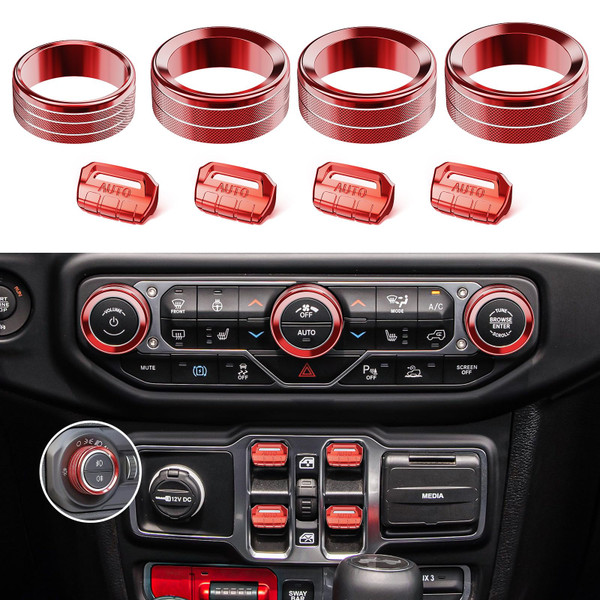 DIAMOOKY 8PCS Metal Button Knob Cover for Jeep Wrangler JL JLU 2018-2025 2026 & Gladiator JT Accessories Window Switch Button Cover Volume Radio Air Conditioner Headlight Switch Knob Cover (Red)