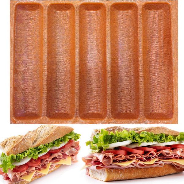 FETESUR Silicone Perforated Baking Forms Sandwich Mold French Baguette Bread Pan Food Mat 5 Loaf Non-Stick Baking Liners (Orange)