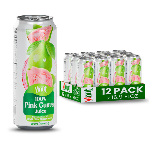 VINUT 100% Pink Guava Juice, No Added Sugar, Not From Concentrate, 16.9 fl oz (500 mL) Can, Pack of 12