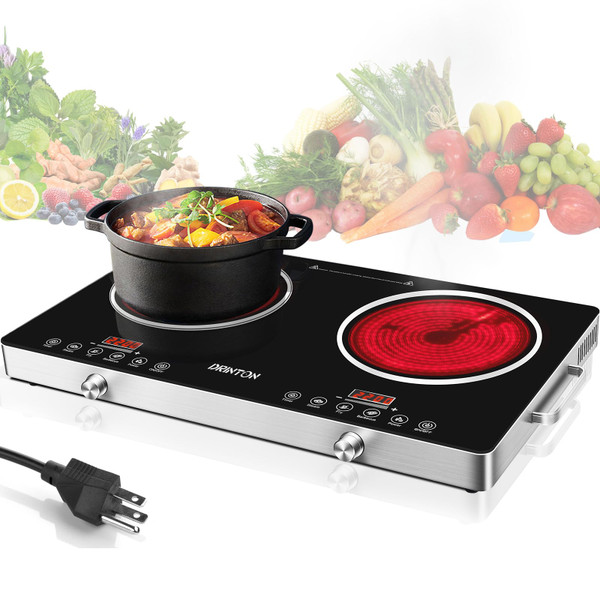 DRINTON 2 Burner Electric Cooktop, 2200W+2200W 110V Electric Double Burner with 3H Timer, Adjustable Temperature for Countertop Cooking, Portable Stove Top Infrared Cooker, Compatible for All Cookware