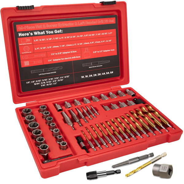 UYECOVE 53Pcs Screw Bolt Extractor Set, Left Hand Drill Bit Set 6542/4341 HSS, Easy Out Bolt Extractor Set with Hex Adapter, Stripped Bolt Remover for Broken Rusted Nuts Screws, Bolts, Studs