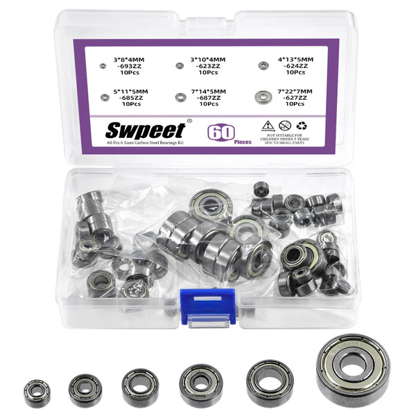 Swpeet 60Pcs 6 Sizes 693ZZ, 623ZZ, 624ZZ, 685ZZ, 687ZZ,627ZZ Ball Bearings Assortment Kit, Carbon Steel Deep Groove Bearings, Double Shielded Bearings, Small Bearing