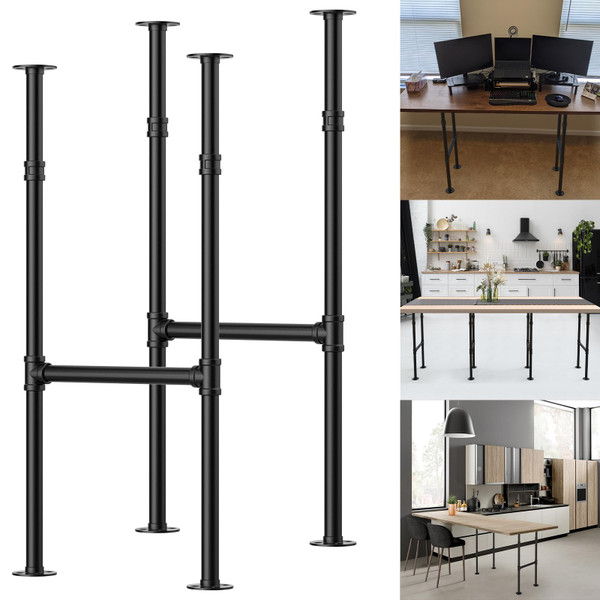 38 Inch Industrial Industrial Table Legs, Heavy Duty Iron Pipe Legs for Counter Tables, Desks & DIY Pipe Furniture - Dark Grey Black Powder Coated Metal Base (Set of 2, Rustic Vintage Design)
