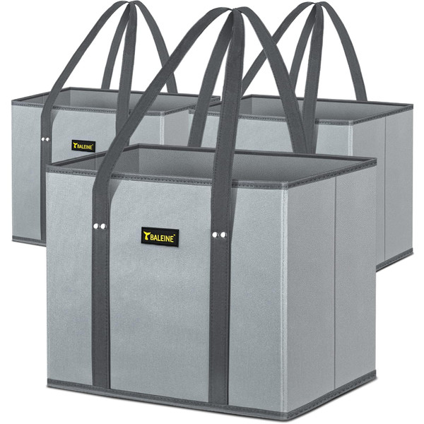 BALEINE 3Pk Reusable Grocery Bags, Foldable Shopping Bags for Groceries with Reinforced Bottom & Handles (Gray)