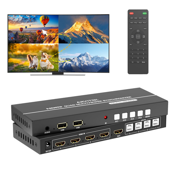 Arvitek Quad HDMI Multiviewer Switch 4x1 w/PIP, POP, 4K@30Hz, HDMI KVM Switcher 4 Port w/Multi-Viewer, 3.5mm Audio Output, 6 Viewing Modes, Quick View for Security Camera, PC, Laptop, Fire Stick, Roku
