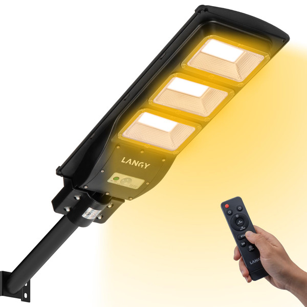 LANGY Solar Street Lights Outdoor Warm White, 15000LM Solar LED Street Light Solar Powered, Dusk to Dawn, Motion Sensor with Remote Control, IP66 Waterproof, for Commercial Grade Barn Sidewalk Garden