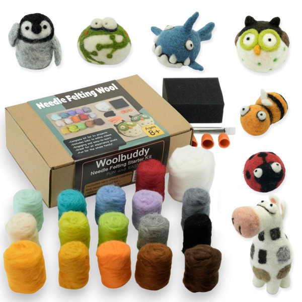 Woolbuddy Needle Felting Wool Kit – Starter Set to Make 6 Cute Animals – Includes Wool, Pad, Needles & Instructions for Beginners and Adults
