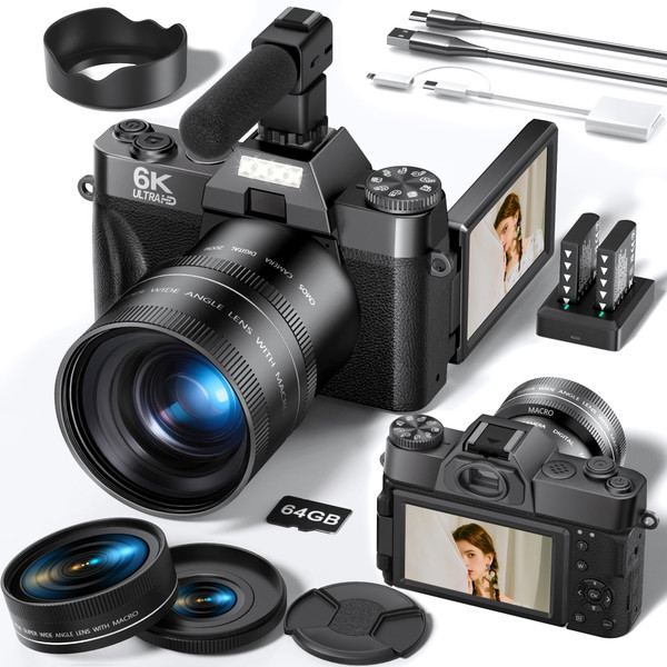 FLATIC Cameras for Photography, 6K 64MP Digital Camera with WiFi & Microphone for Youtuber, 16X Zoom Vlogging Camera with 180°Flip Screen, 64GB Card, 2 Batteries, Macro & Wide-Angle Lens, Card Reader