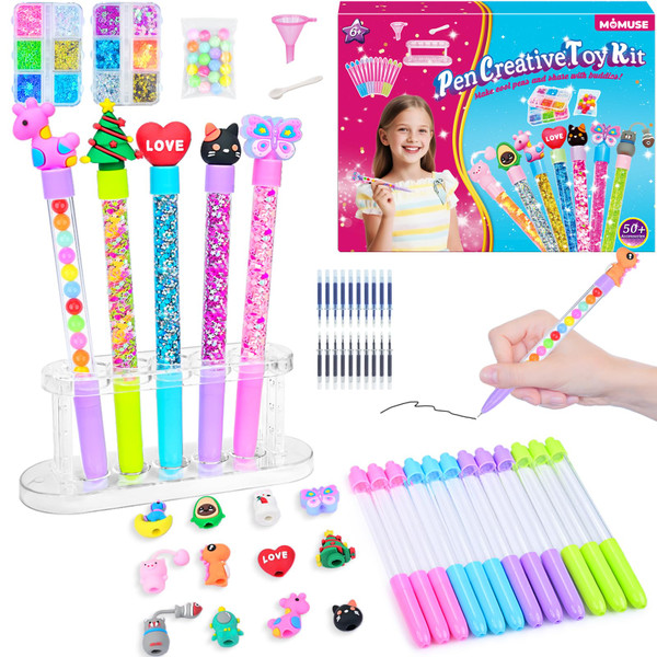 MOMUSE DIY Pen Making Kit, 12 Sparkly Pens with Sequins, Creative Pen Kits Birthday & Back to School Gift for Kids Girls & Boys Ages 6-12