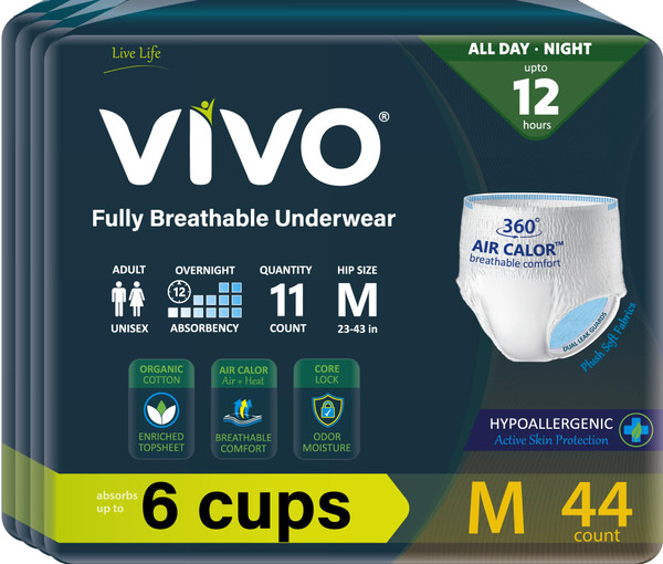 VIVO Organic Cotton Sensitive Skin Overnight Adult Incontinence Pullup Underwear, Women & Men, Medium 44 Count