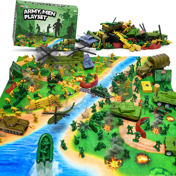 AuntyFey Army Men Playset with Plastic Army Men Action Figures, Military Toys with Mat, Toy Soldiers for Boys with Green Tanks, Army Toys for Boys Age 4-8-12
