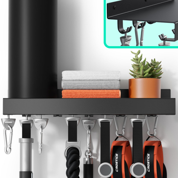 Crostice Metal Shelf Compatible with Tonal Accessories, Floating Shelf Organizer for Home Gym Storage, T-Lock Adapters Bracket Hanger, Gym Rack Wall Mounted with Hooks, Black Workout Holder