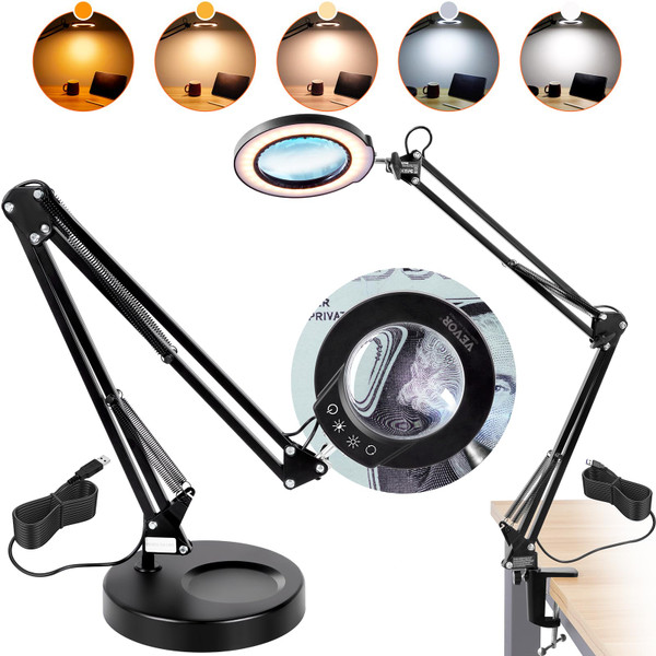 VEVOR 5X Magnifying Glass with Light and Stand, 【Upgraded】 5 Color Modes Stepless Dimmable, 4.3" Glass Lens Magnifier Desk lamp, 2-in-1 Magnifying Light and Stand for Crafts, Reading, Close Work