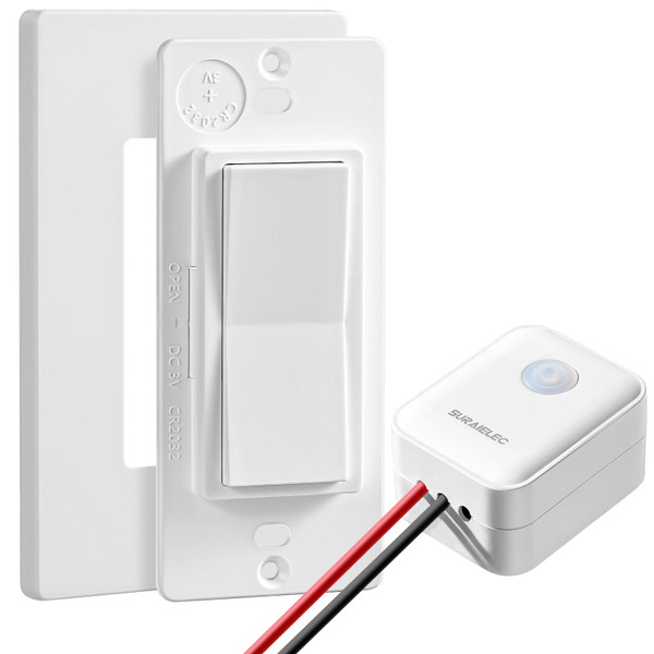SURAIELEC Wireless Light Switch and Receiver Kit - No Neutral Wire Required, 100FT Range, Decorator Rocker Wall Switch, No Wiring or WiFi, Remote Control for Old Houses Lighting (Upgraded Antenna)