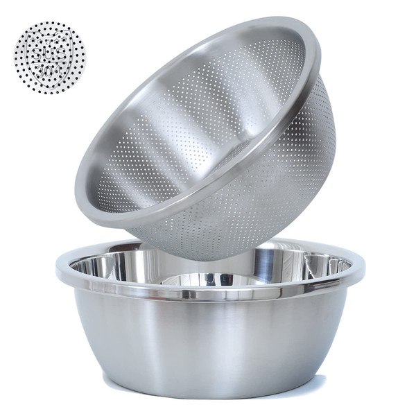 304 Stainless Steel Microporous Colander, 4.5QT Large Capacity with Mixing Bowl For washing vegetables, fruit and rice and for draining cooked pasta(2PC)