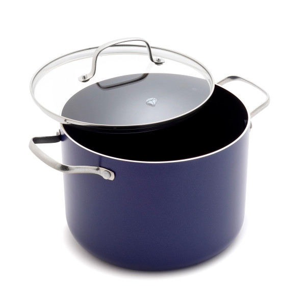 Blue Diamond 8QT Nonstick Stockpot with Glass Lid, PFAS-Free Ceramic, Multipurpose Cooking, Sauces & Soups, Pasta, Boiling & Canning Pot, Dishwasher & Oven Safe, Stainless Steel Handles, Navy