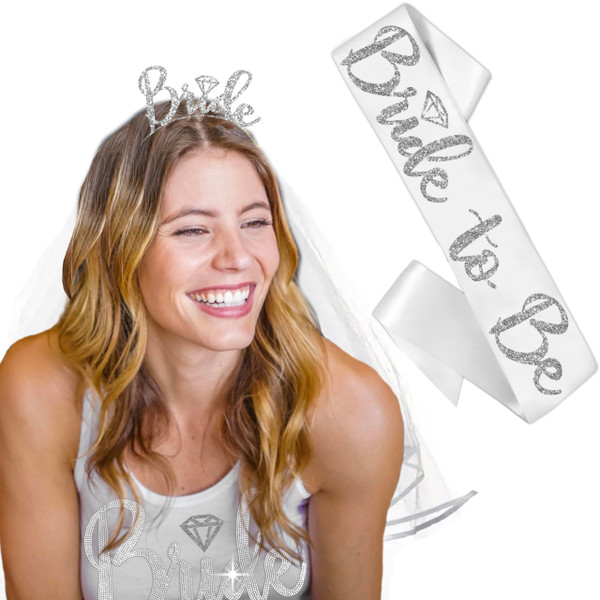 RhinestoneSash Bridal Sash and Veil - SET of 3: Silver Diamond Bride to Be White BRIDAL GRADE SATIN Sash, Silver Bride Headband, & White Veil - Bachelorette Party Outfit - Gift Set3(SLV Dia)