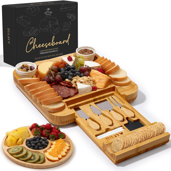 Zulay Kitchen Premium Bamboo Charcuterie Board - Extra Thick Bamboo Board with 4 Piece Knife Set - Perfect for Charcuterie, Wine and Cheese
