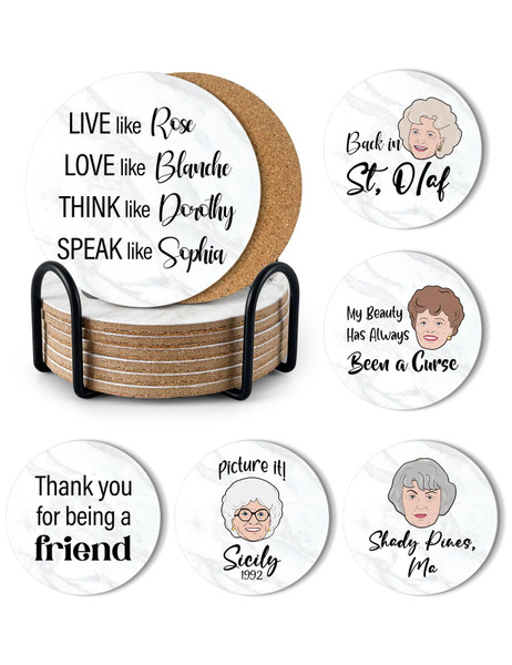 PWHINGN Funny Golden Girls Coasters for Drinks Set of 6 with Holder, Cork Coasters for Coffee Table, Golden Girls Gifts for Women Fans Housewarming Gifts