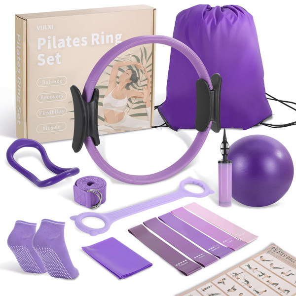 VIJLXI Pilates Essentials Kit-Home Pilates kit for Women with Pilates Ring and Ball,5 Resistance Bands for Beginners-Train Muscles, Flexibility & Core Strength